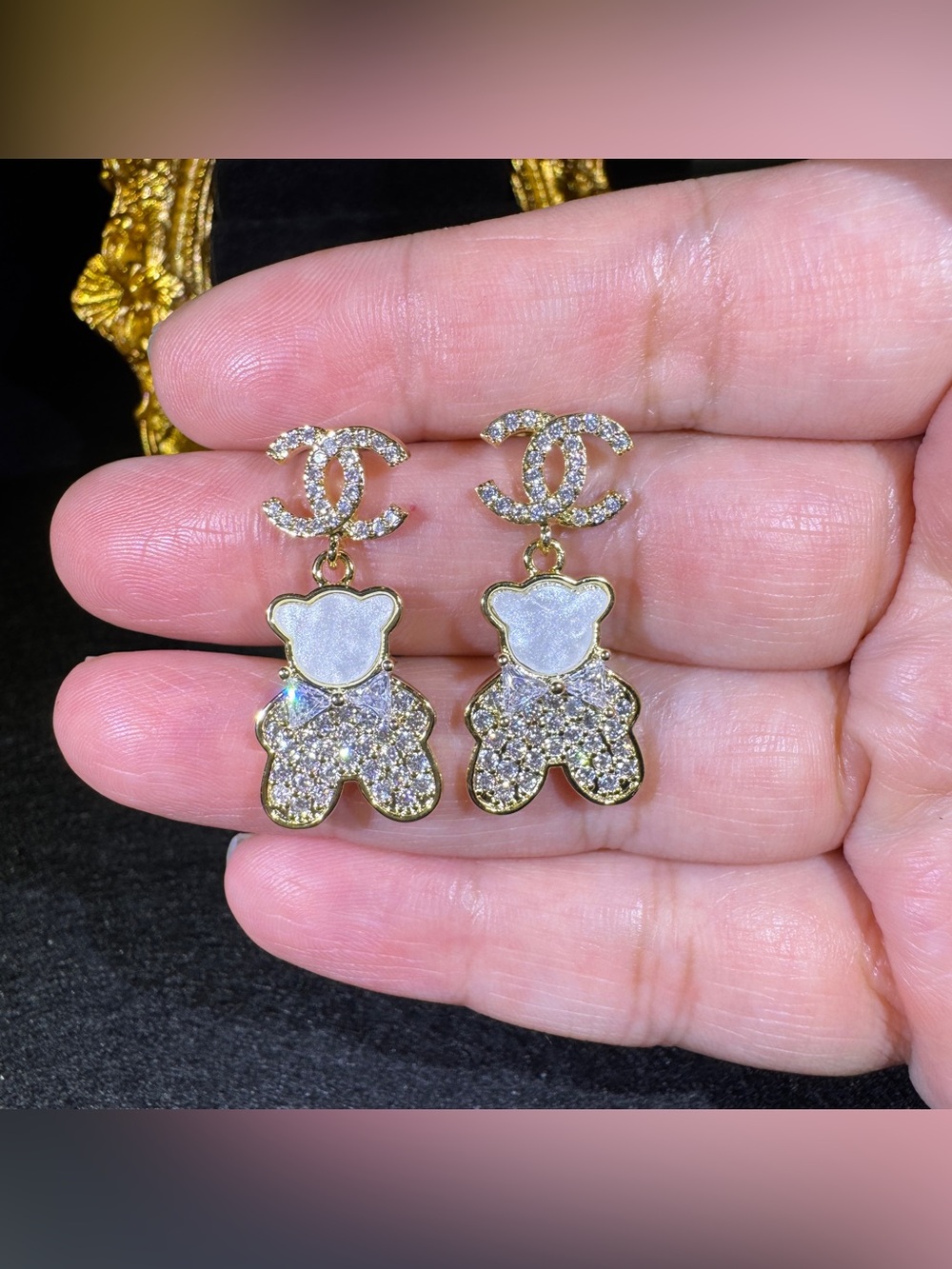 S925 Posts CZ Teddy Bear Dangle Stud Earrings